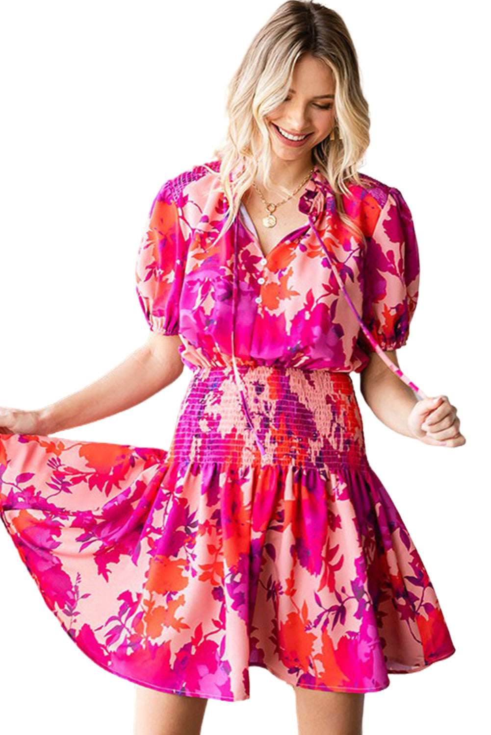 Rose Floral Smocked Waist Bubble Sleeve Flare Dress Mini Dresses JT's Designer Fashion