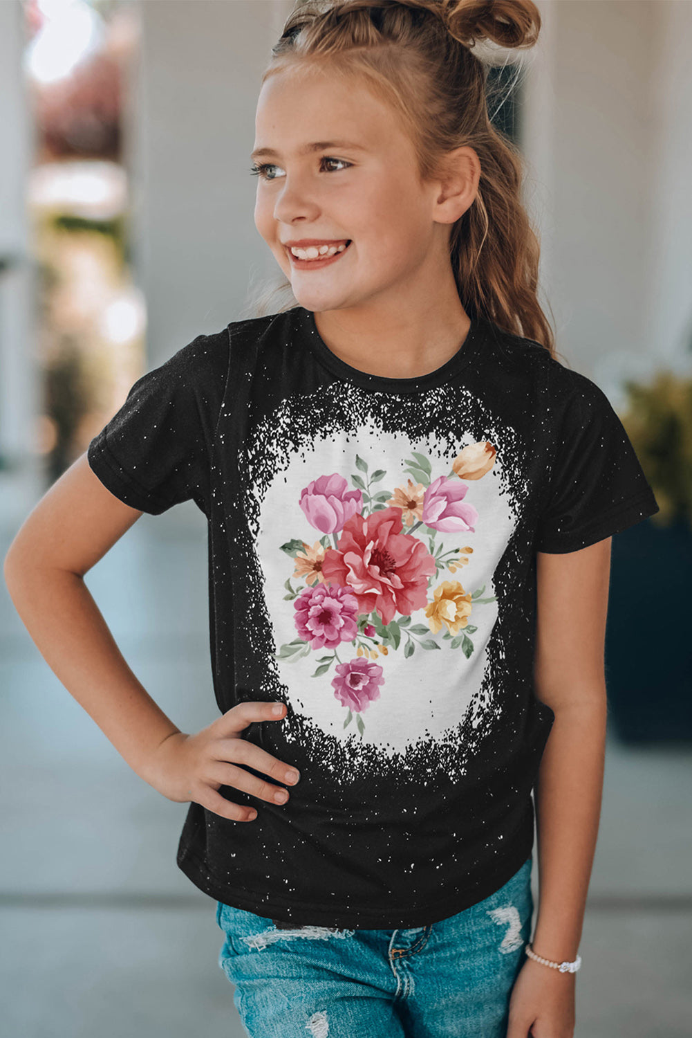 Black Family Matching Girl's Floral Print Color Block T Shirt Family T-shirts JT's Designer Fashion