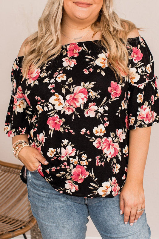 Black Floral Print Off Shoulder Plus Size Blouse Plus Size Tops JT's Designer Fashion