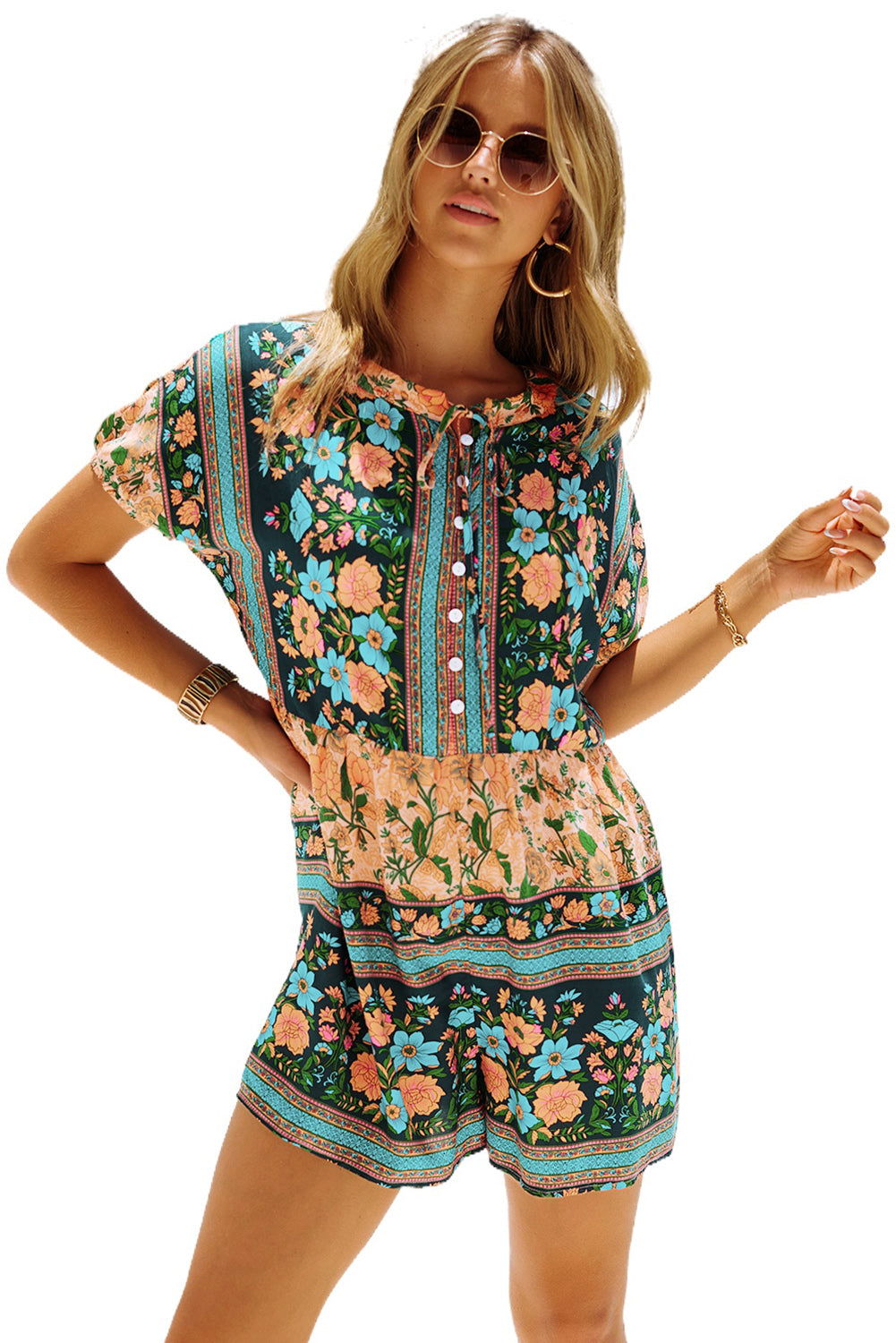 Multicolor Spring Floral Buttons Short Sleeve Romper Jumpsuits & Rompers JT's Designer Fashion