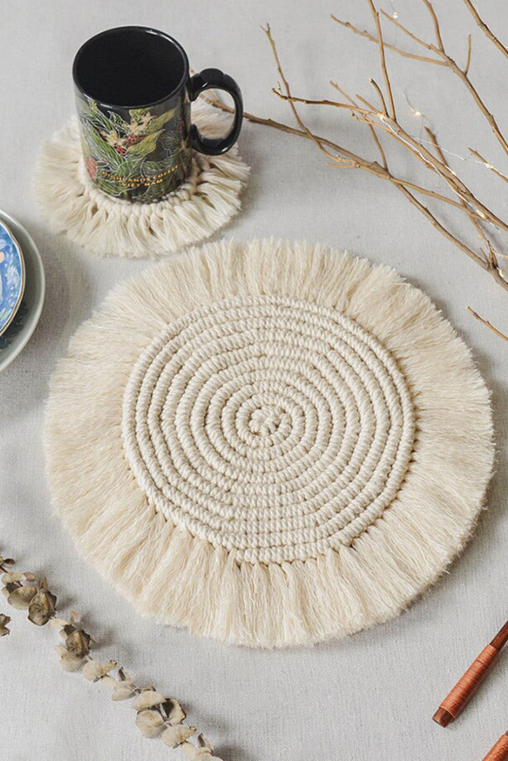 Beige Boho Tassel Macrame Coaster 15cm Other Accessories JT's Designer Fashion