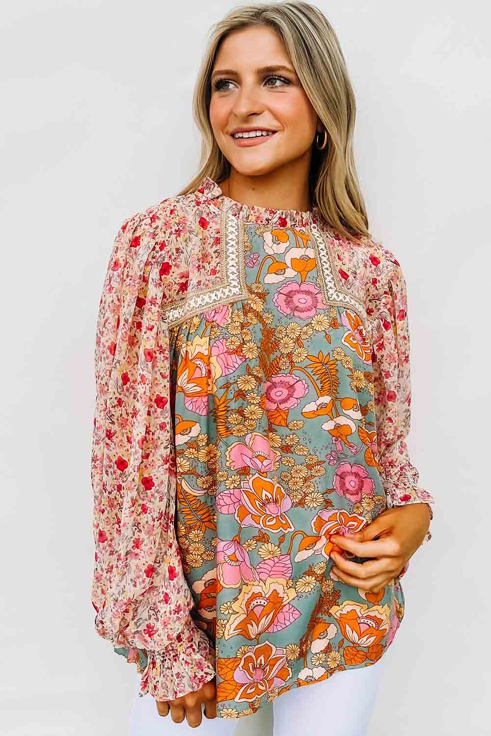 Multicolor Lace Trim Contrast Floral Long Puff Sleeve Blouse Tops & Tees JT's Designer Fashion