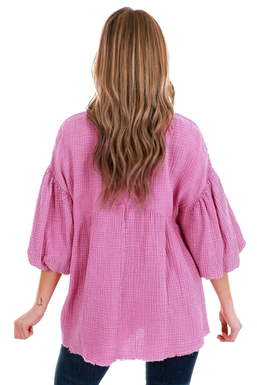 Pink Crinkle Bubble Sleeve Raw Hem Babydoll Blouse Blouses & Shirts JT's Designer Fashion