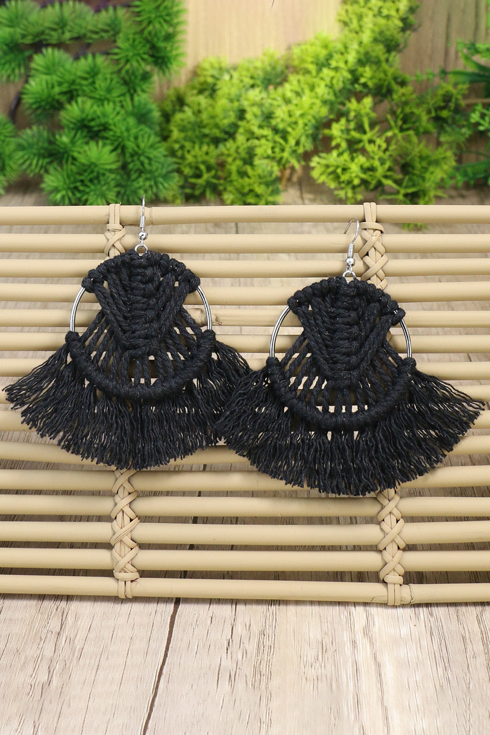 Black Crochet Tassel Fan-shaped Drop Earrings Jewelry JT's Designer Fashion