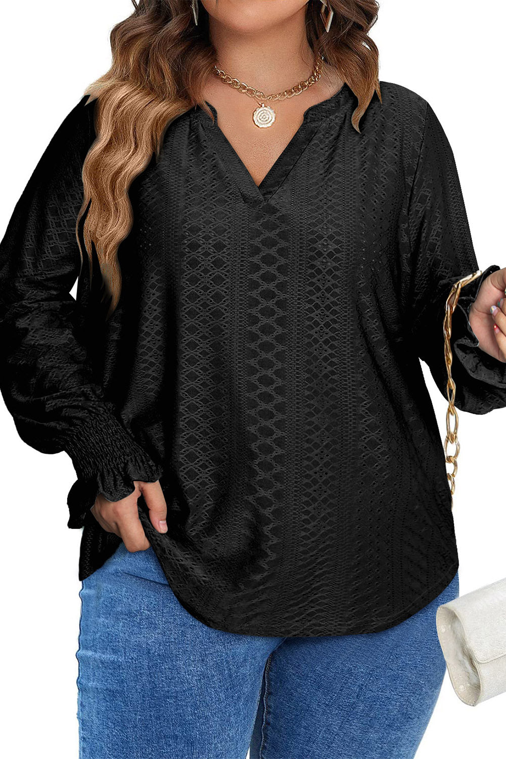 Black Eyelet Embroidered Split Neck Flounce Sleeve Curvy Top Plus Size JT's Designer Fashion