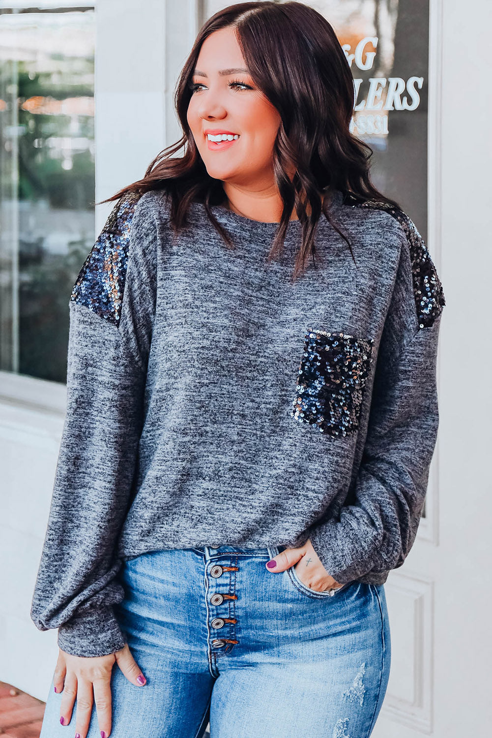 Gray Sequin Patchwork Long Sleeve Plus Size T Shirt Plus Size JT's Designer Fashion