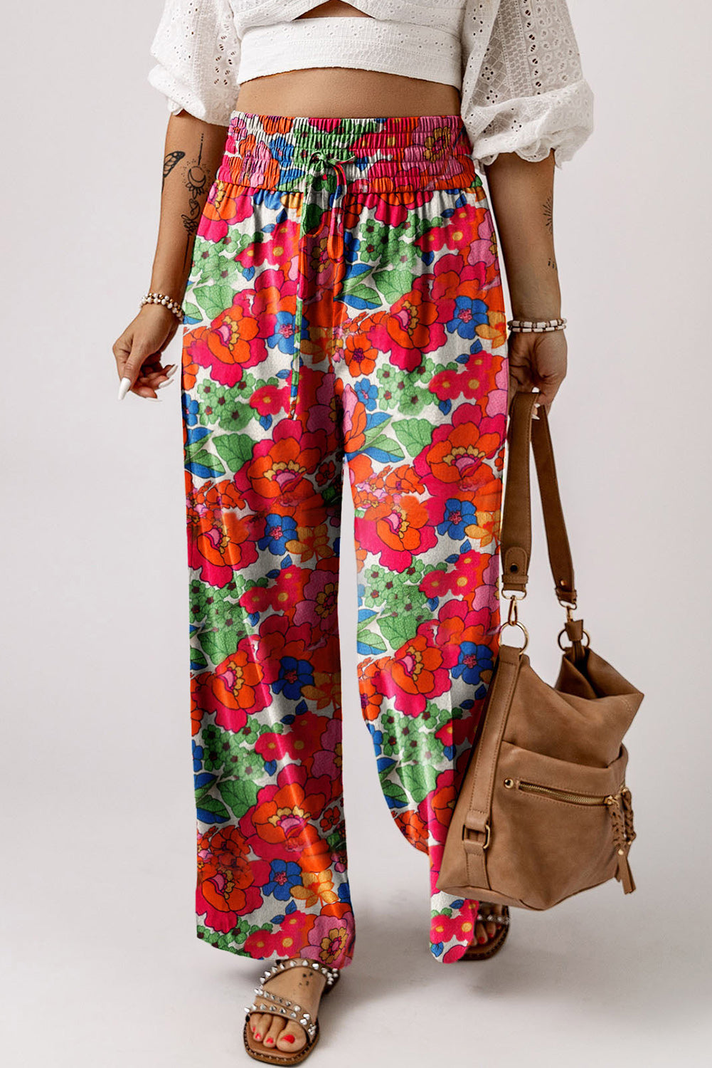 Multicolor Floral Print Tie Elastic High Waist Palazzo Pants Bottoms JT's Designer Fashion