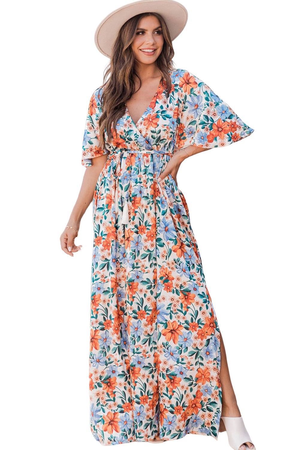 Sky Blue Floral Print Wrap Belted Maxi Dress Maxi Dresses JT's Designer Fashion