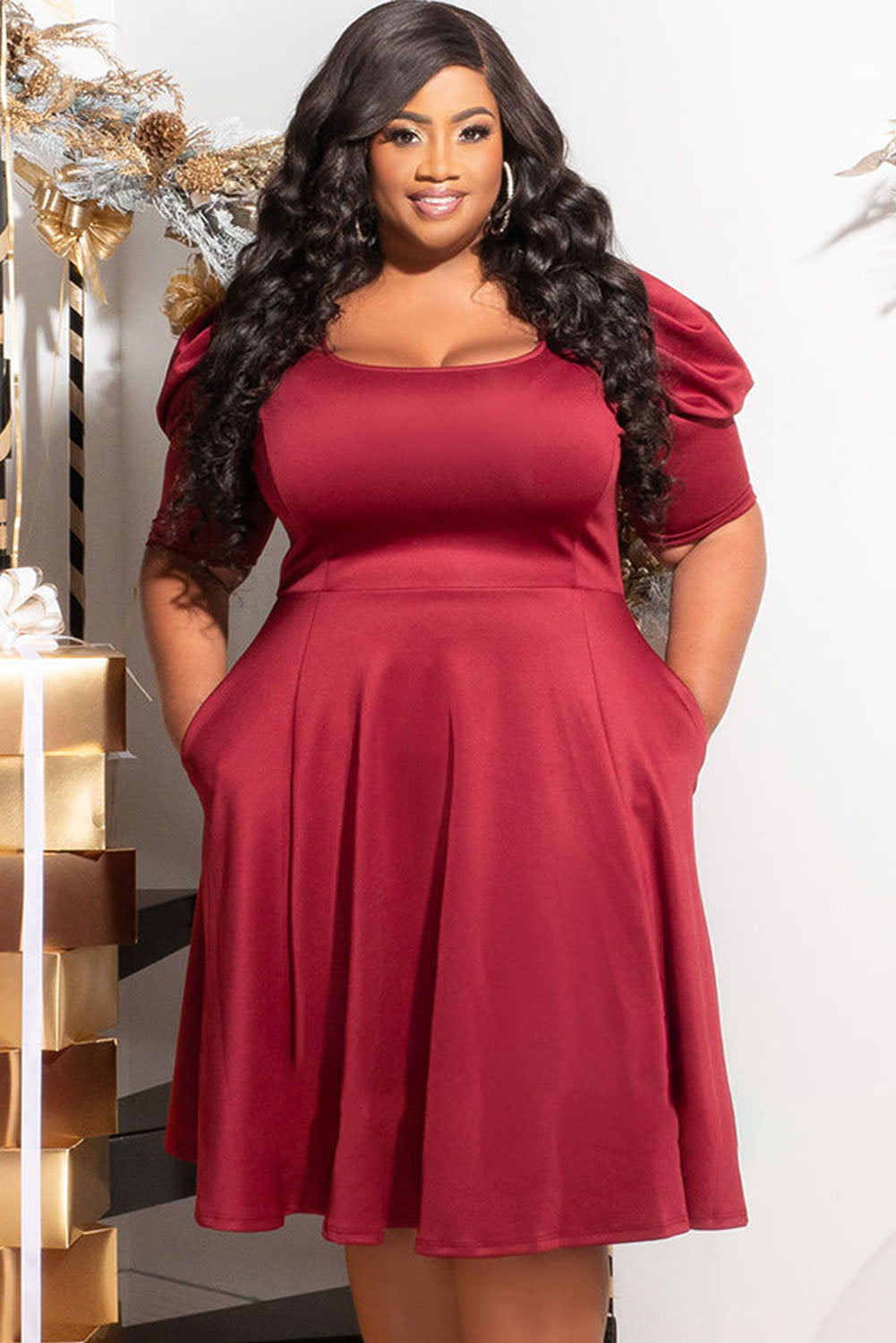 Red Plus Size Ruched Puff Sleeves Fit Flare Midi Dress Plus Size Dresses JT's Designer Fashion