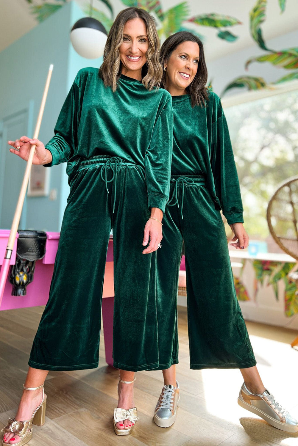 Blackish Green Velvet Long Sleeve Wide Leg Crop Pants Set Bottoms JT's Designer Fashion