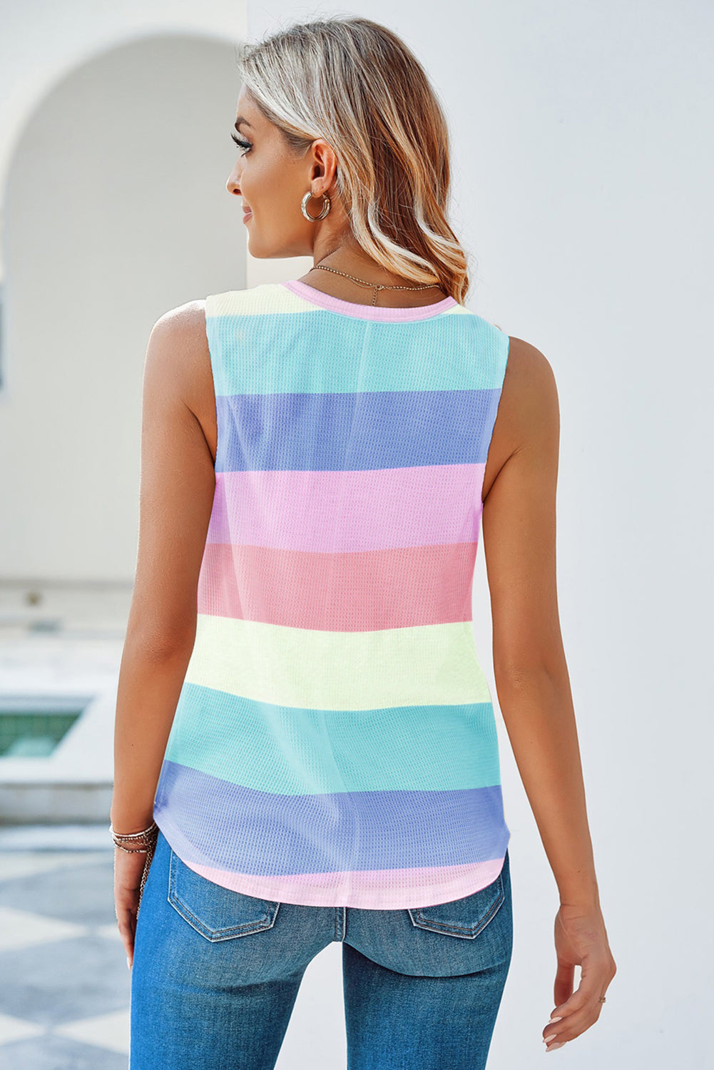 Multicolor Colorblock Striped Waffle Tank Top Tank Tops JT's Designer Fashion