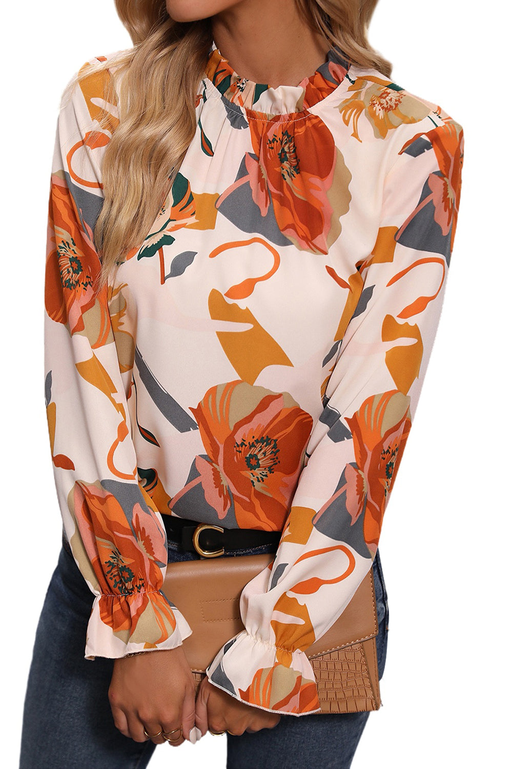 Multicolor Floral Long Sleeve Mock Neck Blouse Tops & Tees JT's Designer Fashion