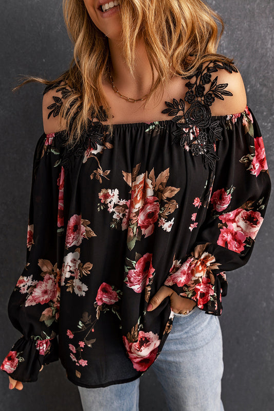 Black Floral Print Lace Patchwork Loose Cold Shoulder Blouse Blouses & Shirts JT's Designer Fashion