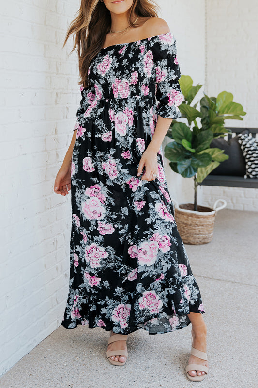 Black Floral Print Smocked Bust High Waist Maxi Dress Black 100%Viscose Maxi Dresses JT's Designer Fashion