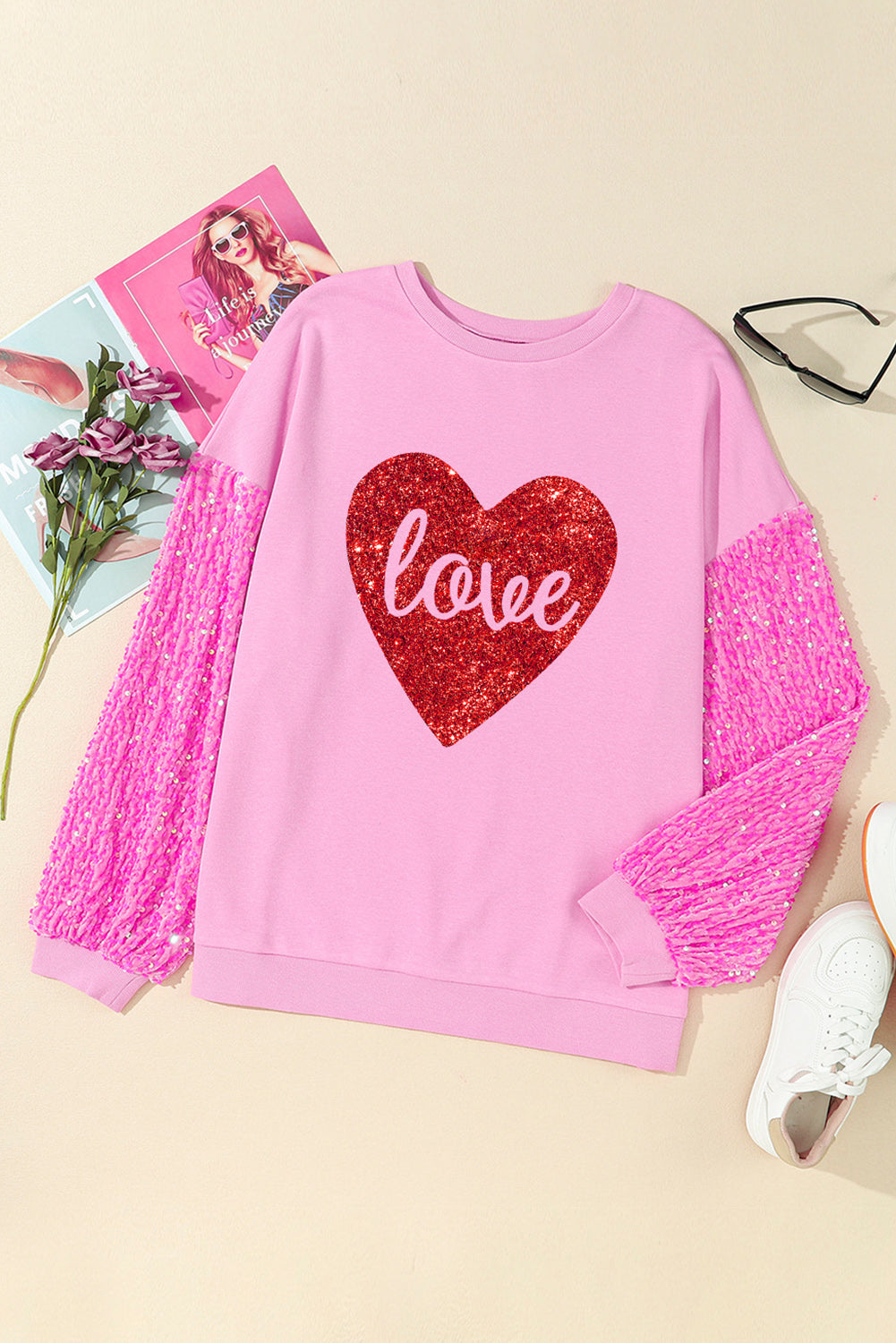 Pink Shiny Heart Shape love Print Sequined Sleeve Top Graphic Sweatshirts JT's Designer Fashion