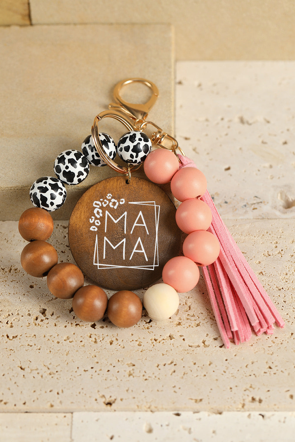 Pink MAMA Wood Pendant Leopard Fringe Keychain Other Accessories JT's Designer Fashion