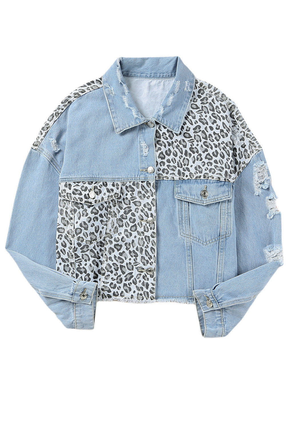 Blue Plus Size Leopard Ripped Cropped Denim Jacket Plus Size Tops JT's Designer Fashion