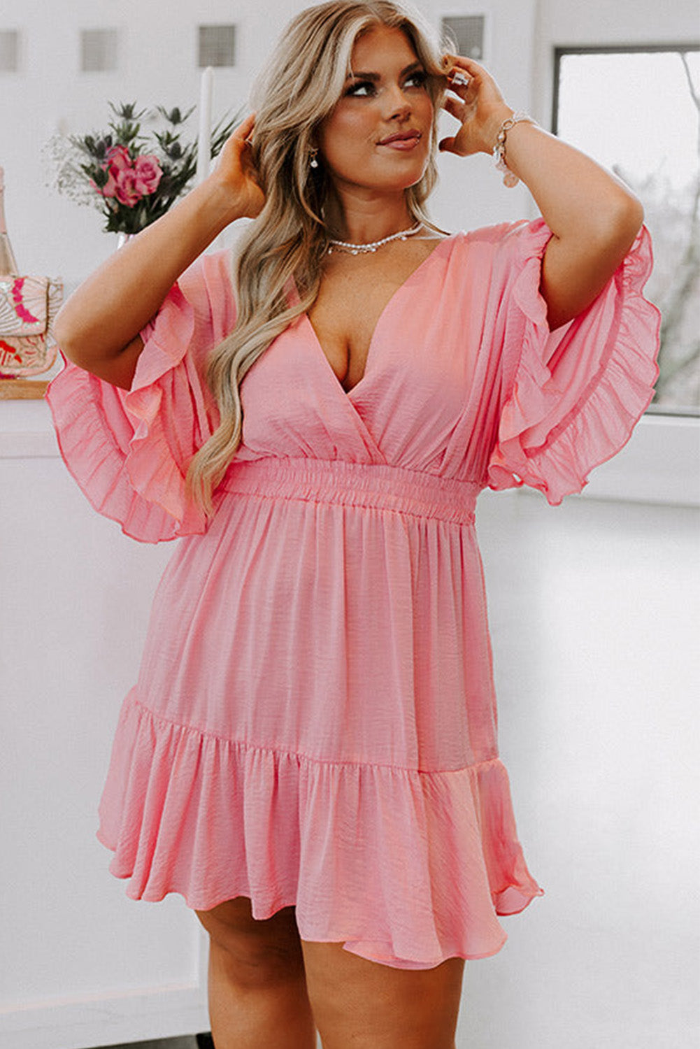 Pink Ruffled Knotted Open Back Wrap V Neck Plus Size Dress Plus Size Dresses JT's Designer Fashion