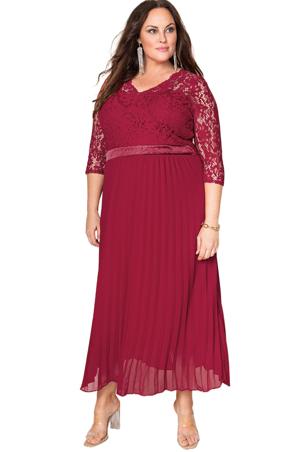 Red Lace Scalloped V Neck 3/4 Sleeves Pleated Tulle Plus Maxi Dress Plus Size Dresses JT's Designer Fashion