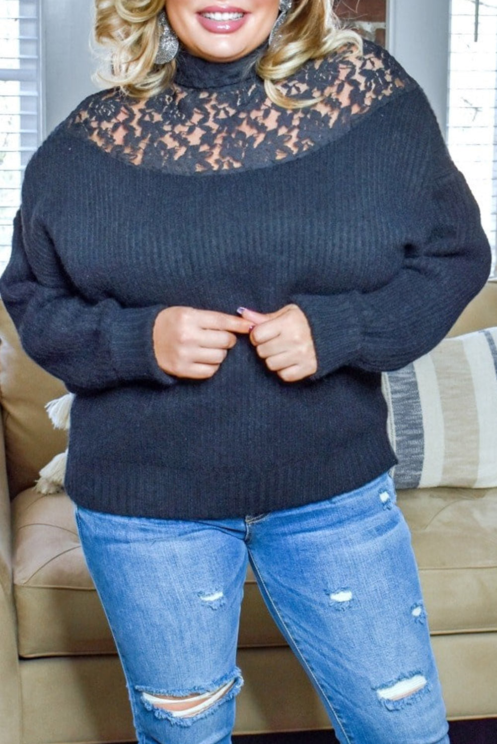 Black Plus Size Ribbed Knit Lace Splicing High Neck Sweater Plus Size JT's Designer Fashion