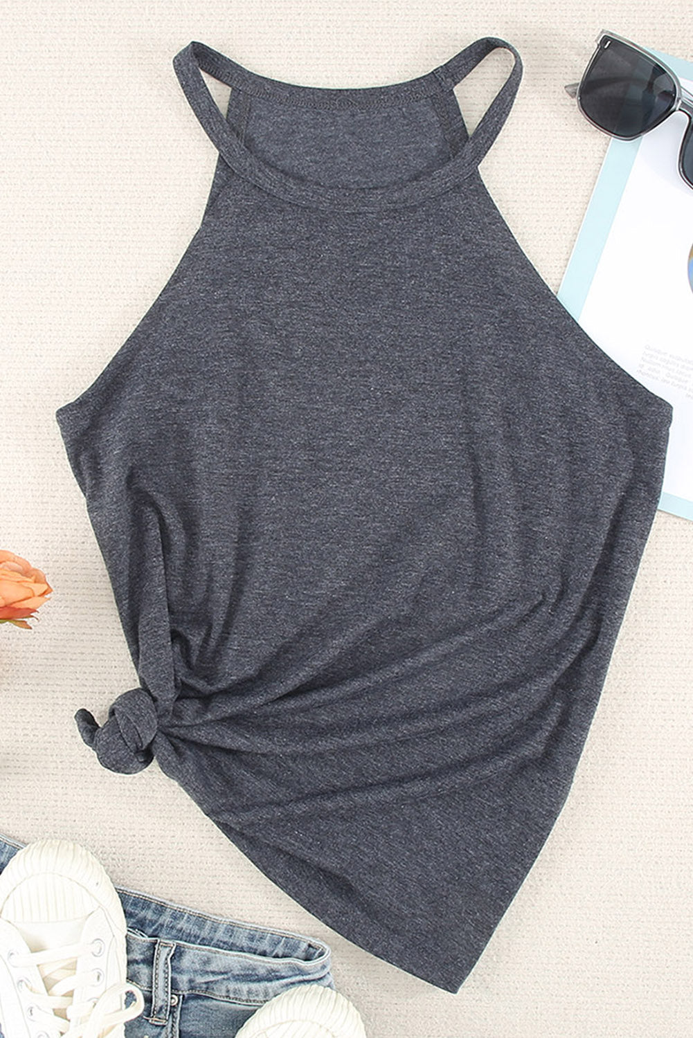 Grey Solid Color Crew Neck Tank Top Tank Tops JT's Designer Fashion