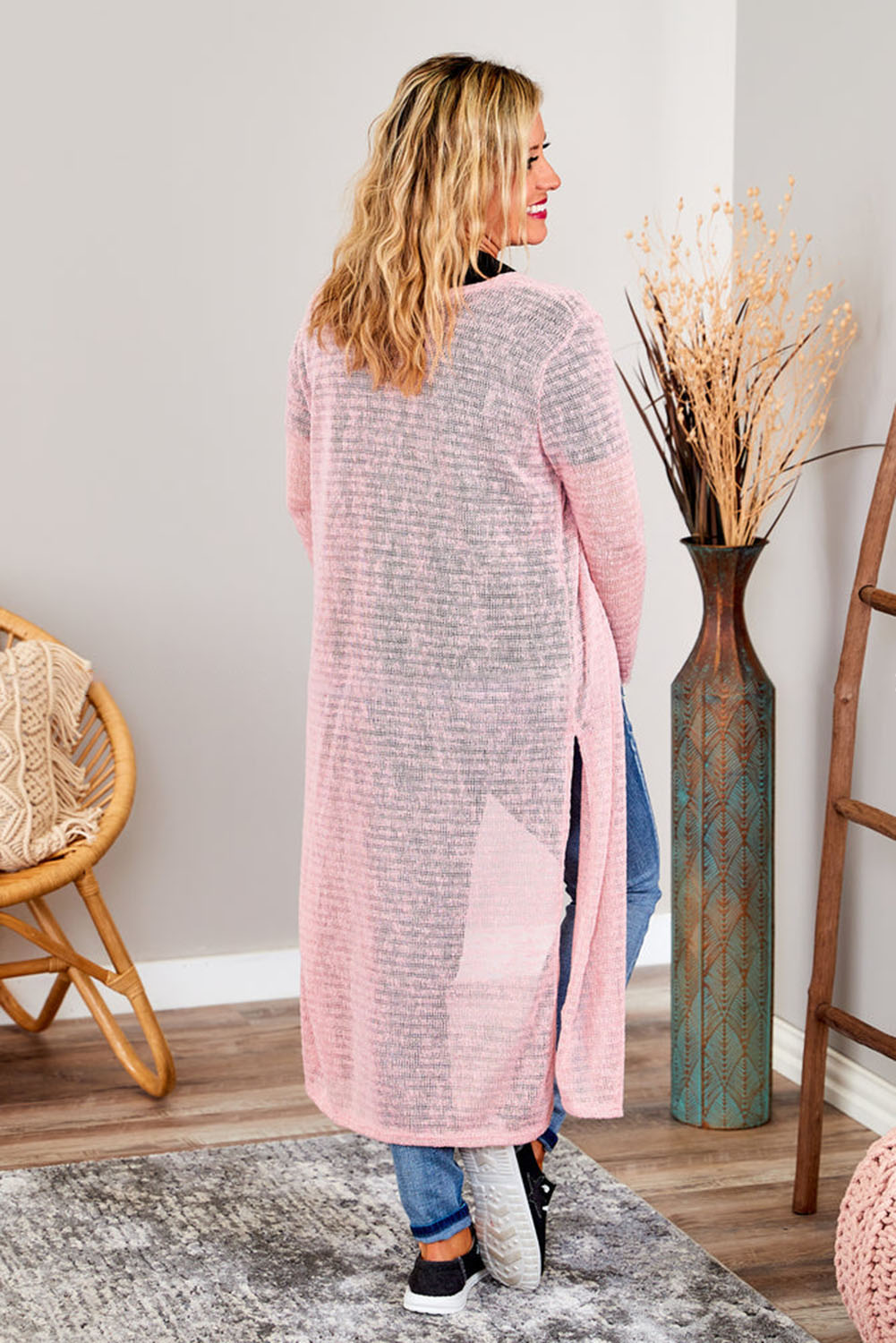 Pink Sheer Knitted Long Side Slit Plus Size Cardigan Plus Size JT's Designer Fashion