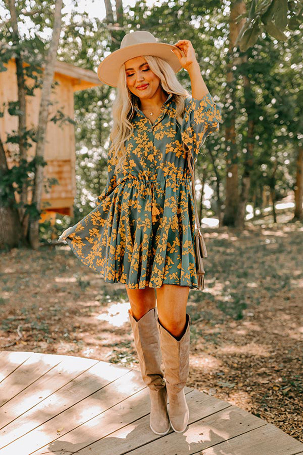 Yellow Printed Floral Bracelet Sleeve Tied Waist Ruffled Dress Dresses JT's Designer Fashion