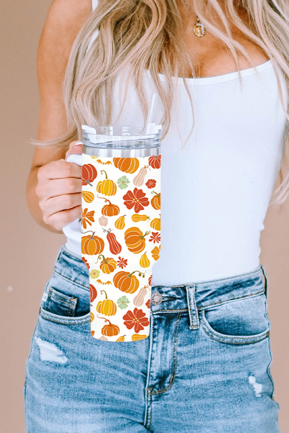 White Pumpkin Print 304 Stainless Steel Double Insulated Cup 40oz Tumblers JT's Designer Fashion