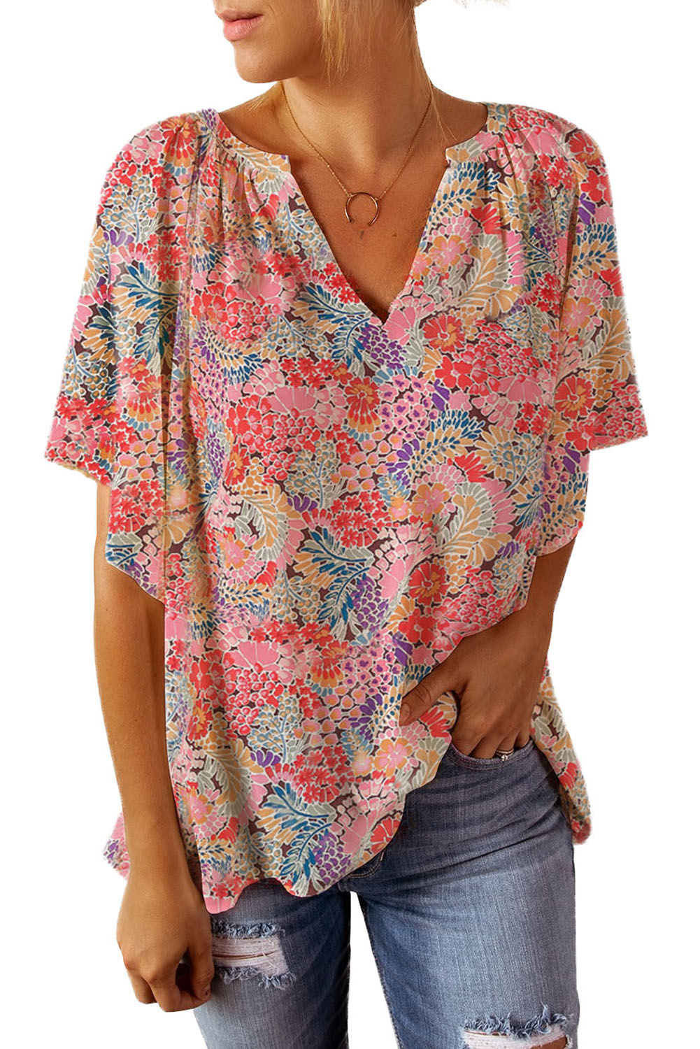 Multicolor Notch V Neck Gorgeous Floral Blouse Blouses & Shirts JT's Designer Fashion