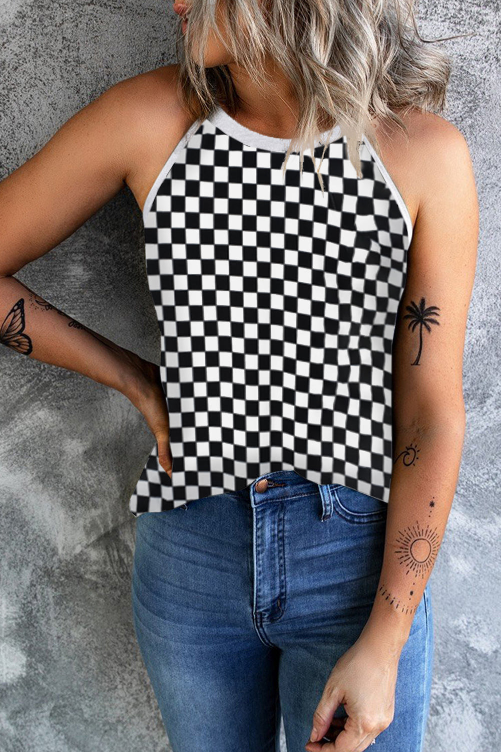 Black Plaid O Neck Sleeveless Tank Top Black 95%Polyester+5%Elastane Tank Tops JT's Designer Fashion