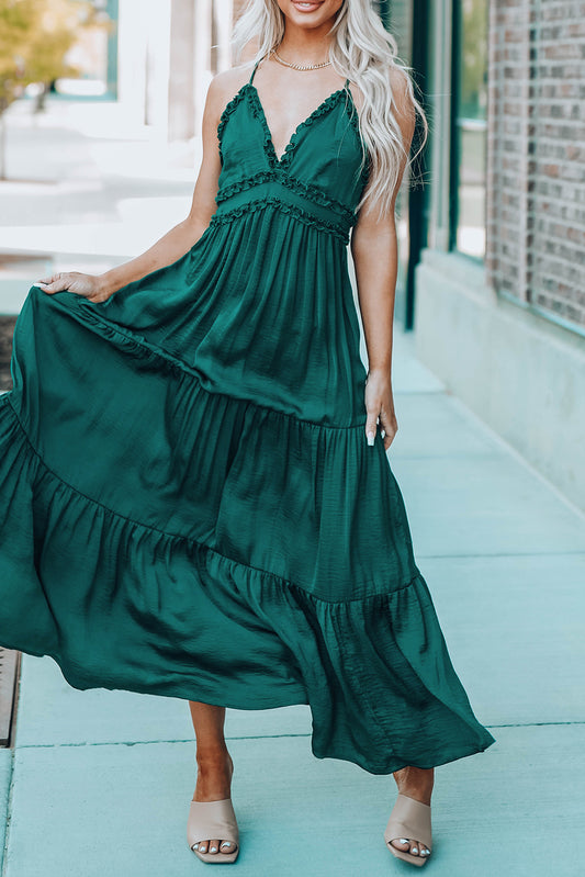 Green Cross Back Frilled Sleeveless Tiered Maxi Dress Green 100%Polyester Maxi Dresses JT's Designer Fashion