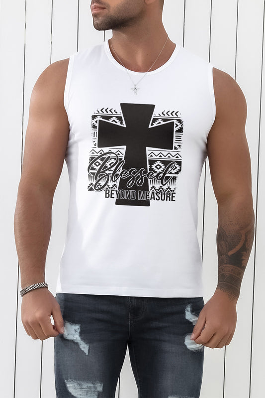 White Aztec Cross Letter Graphic Printed Men's Tank Top White 62%Polyester+32Cotton+6%Elastane Men's Tops JT's Designer Fashion