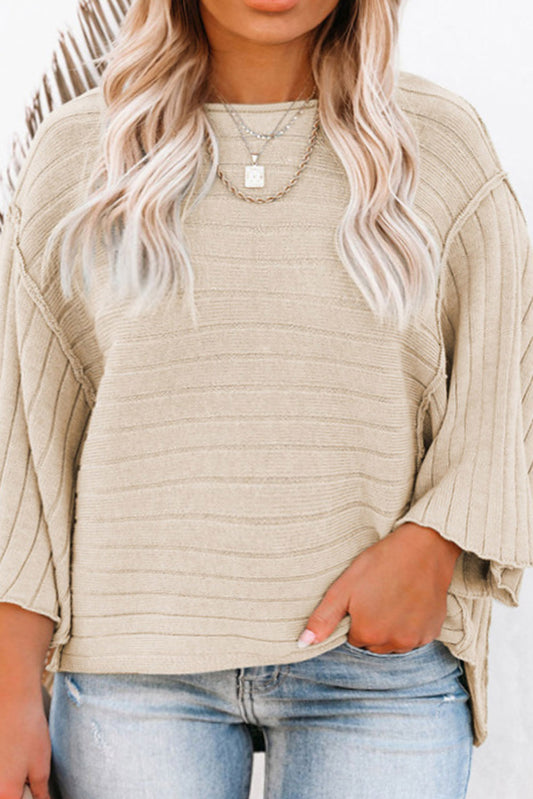 Apricot Plus Size Exposed Seam Ribbed Long Sleeve Top Plus Size JT's Designer Fashion