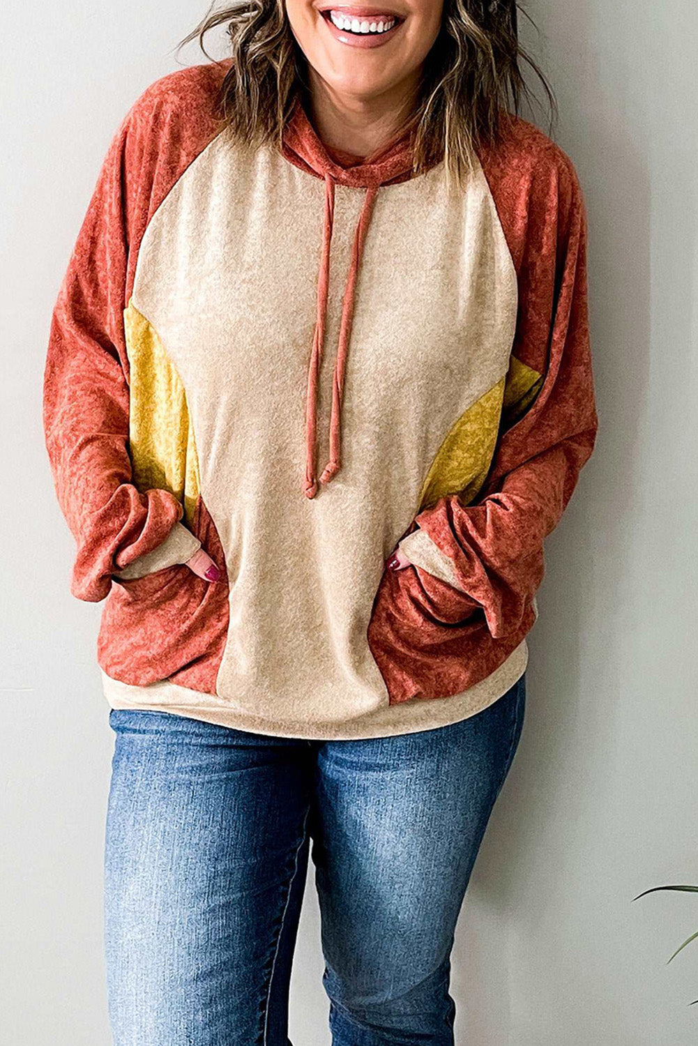 Orange Plus Size Colorblock Raglan Hoodie with Pockets Plus Size JT's Designer Fashion