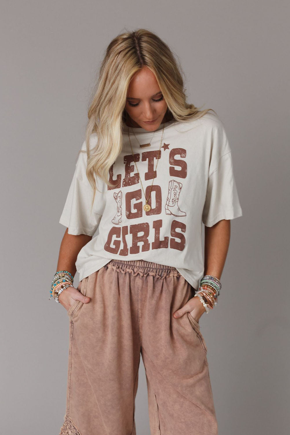 White LETS GO GIRLS Western Boots Graphic Tee Tops & Tees JT's Designer Fashion