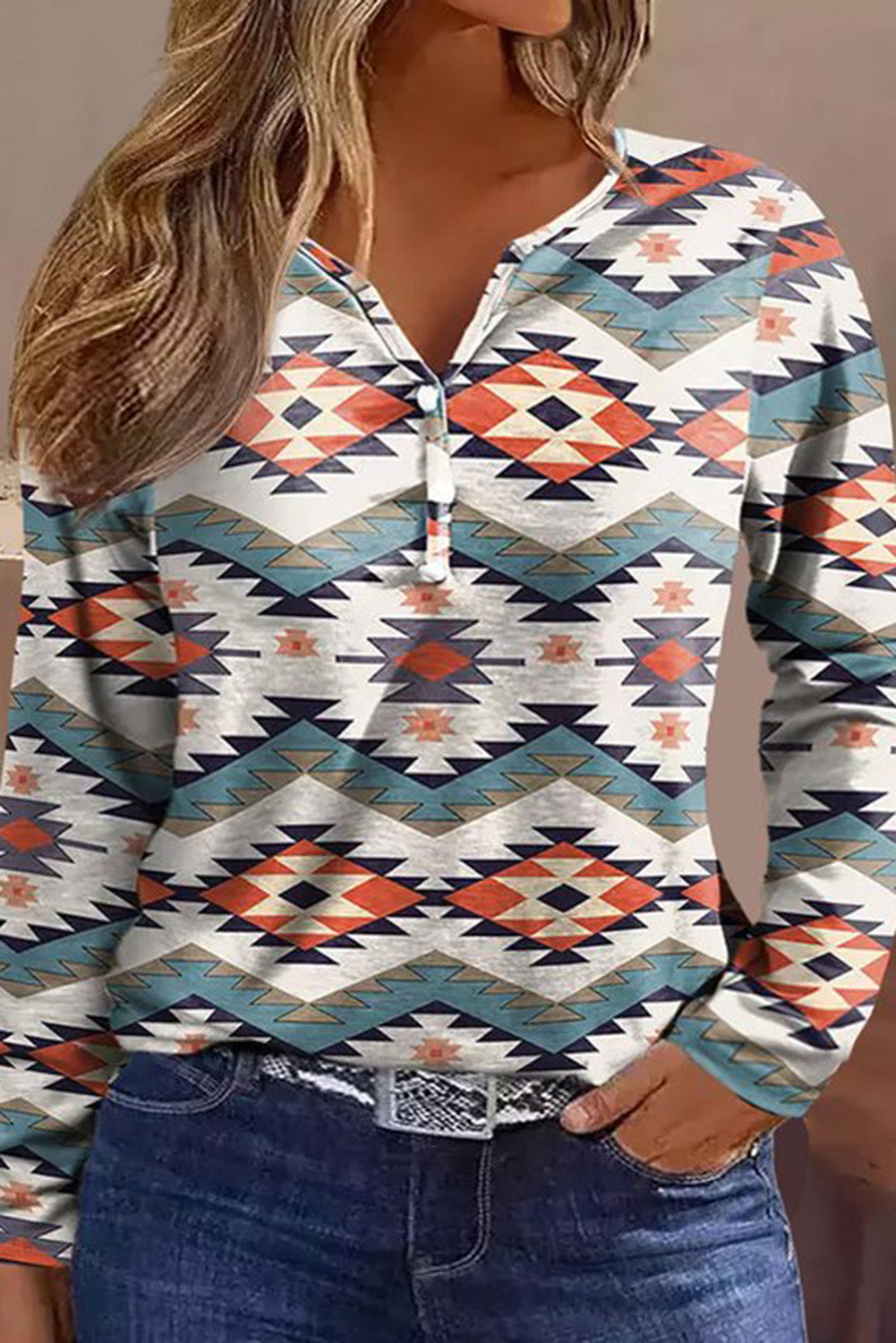 Bright White Aztec Print Button Split Neck Plus Long Sleeve Top Plus Size JT's Designer Fashion