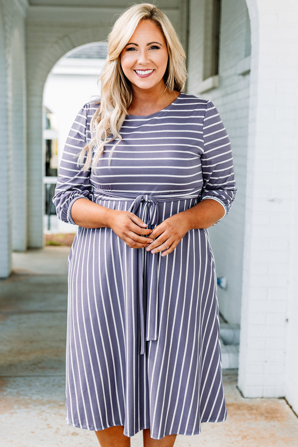 Gray Striped Tie Waist 3/4 Sleeve Plus Size Dress Plus Size JT's Designer Fashion