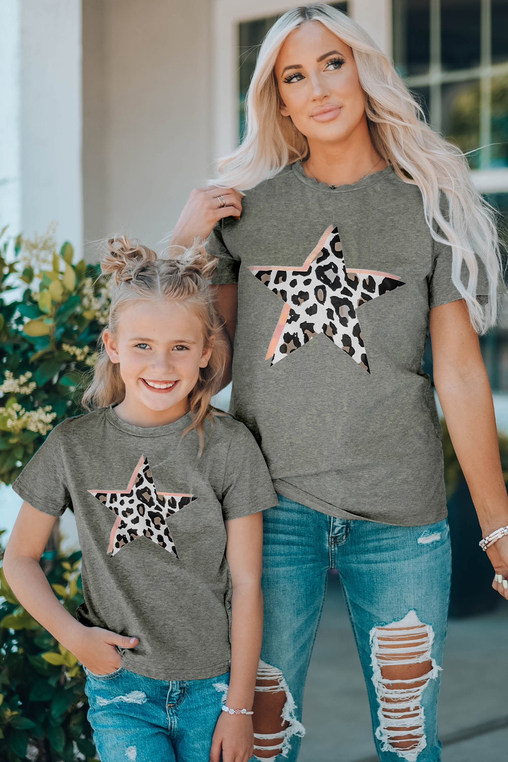 Gray Leopard Star Print Crew Neck Short Sleeve T Shirt Family T-shirts JT's Designer Fashion