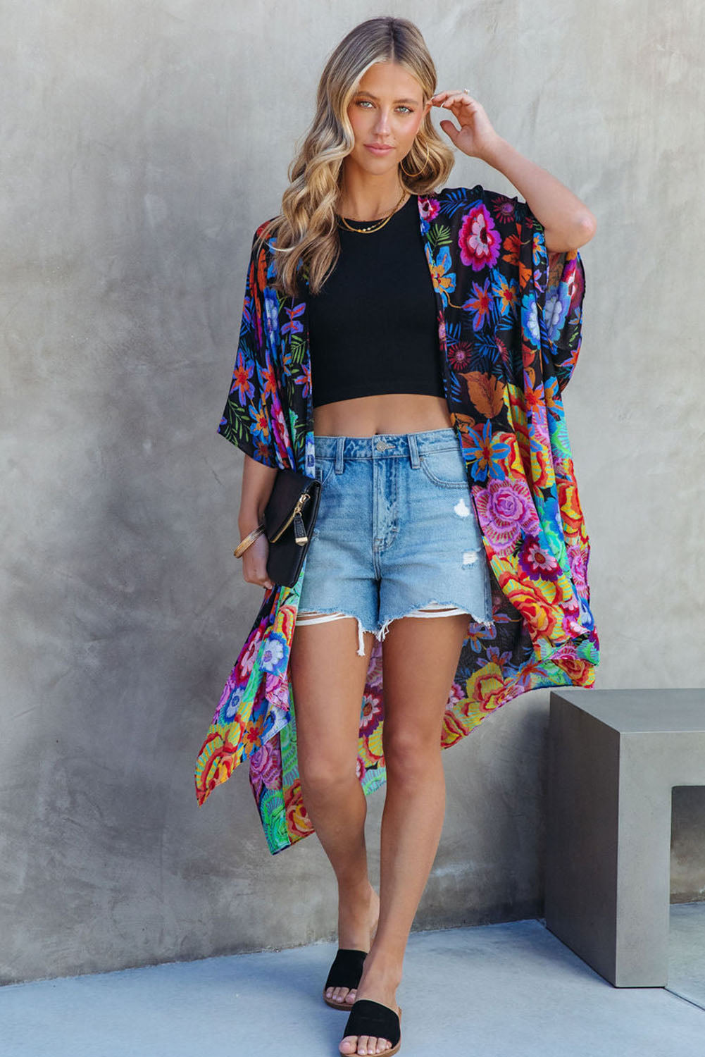 Multicolor Bohemian Floral Print Half Sleeve Open Front Kimono Kimonos JT's Designer Fashion