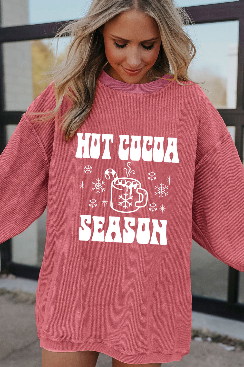 Strawberry Pink HOT COCOA SEASON Snowflake Print Corded Sweatshirt Graphic Sweatshirts JT's Designer Fashion