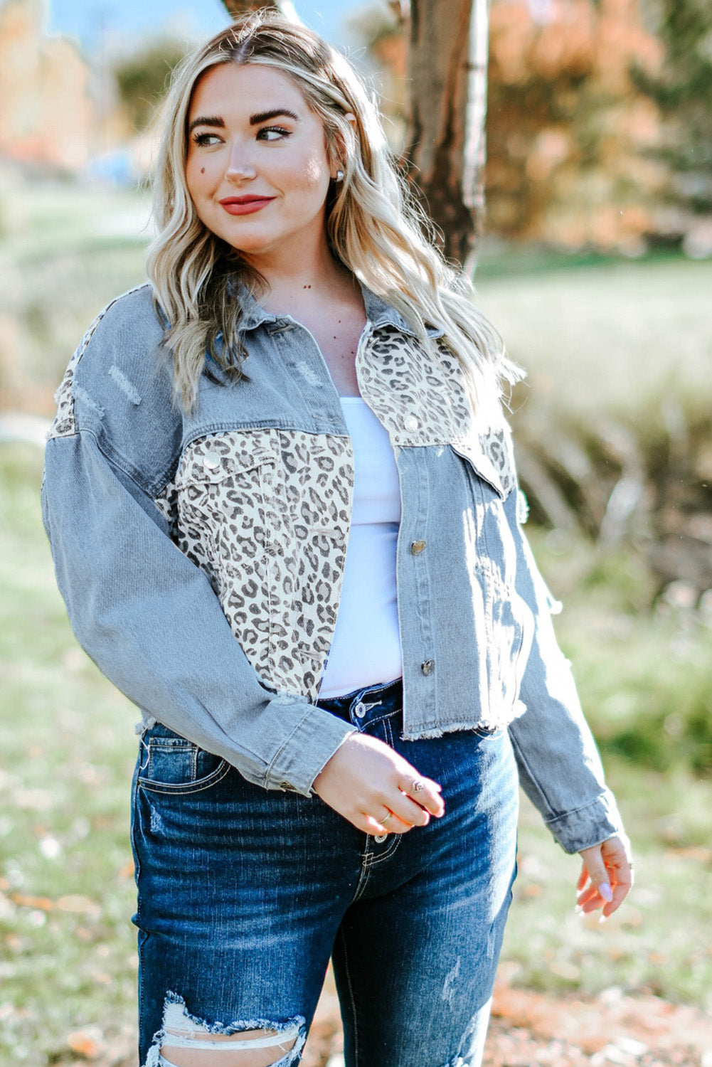 Blue Plus Size Leopard Ripped Cropped Denim Jacket Plus Size Tops JT's Designer Fashion