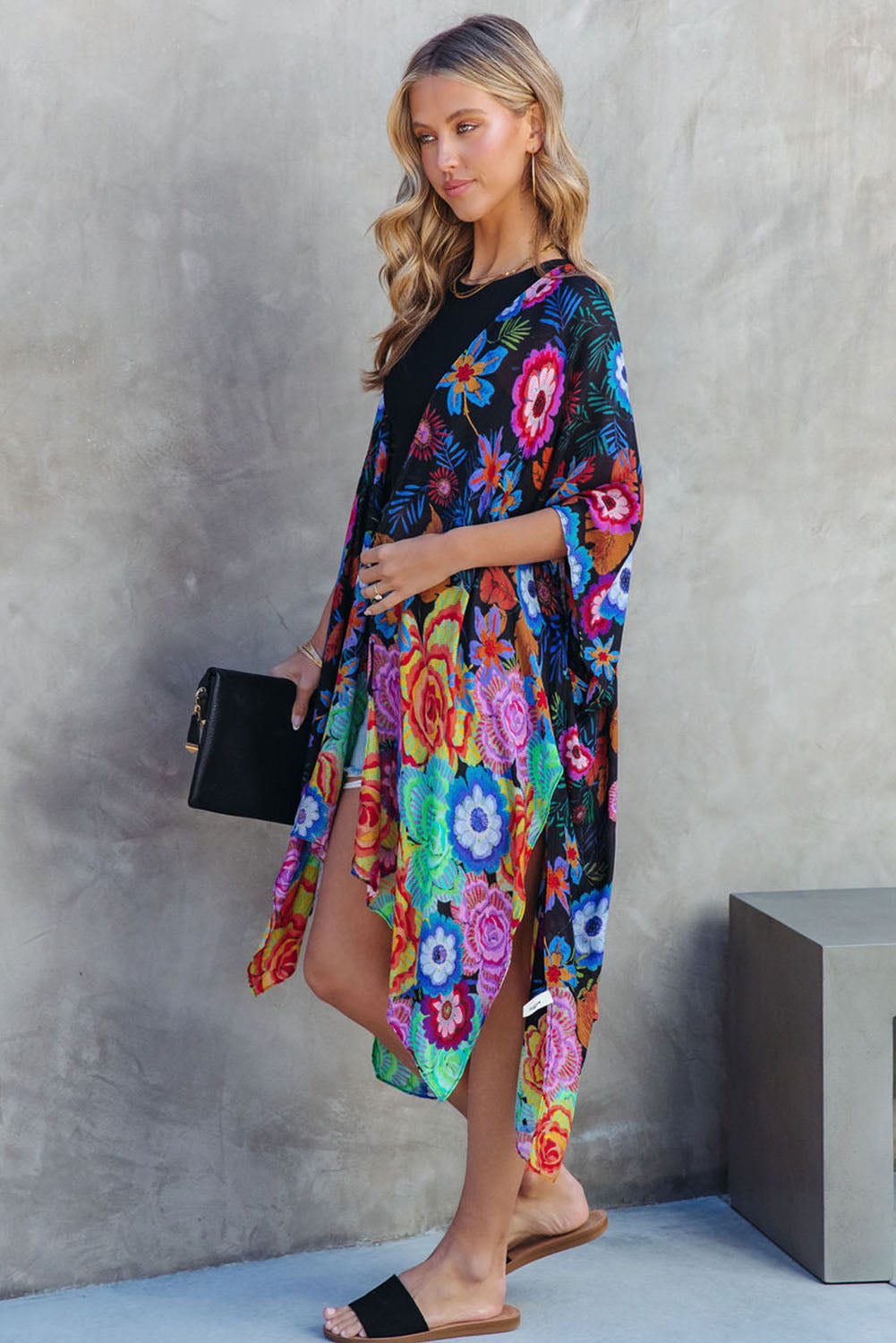 Multicolor Bohemian Floral Print Half Sleeve Open Front Kimono Kimonos JT's Designer Fashion