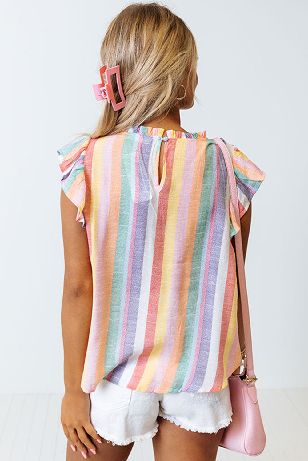 Multicolor Striped Frill Round Neck Ruffle Sleeve Blouse Plus Size Tops JT's Designer Fashion