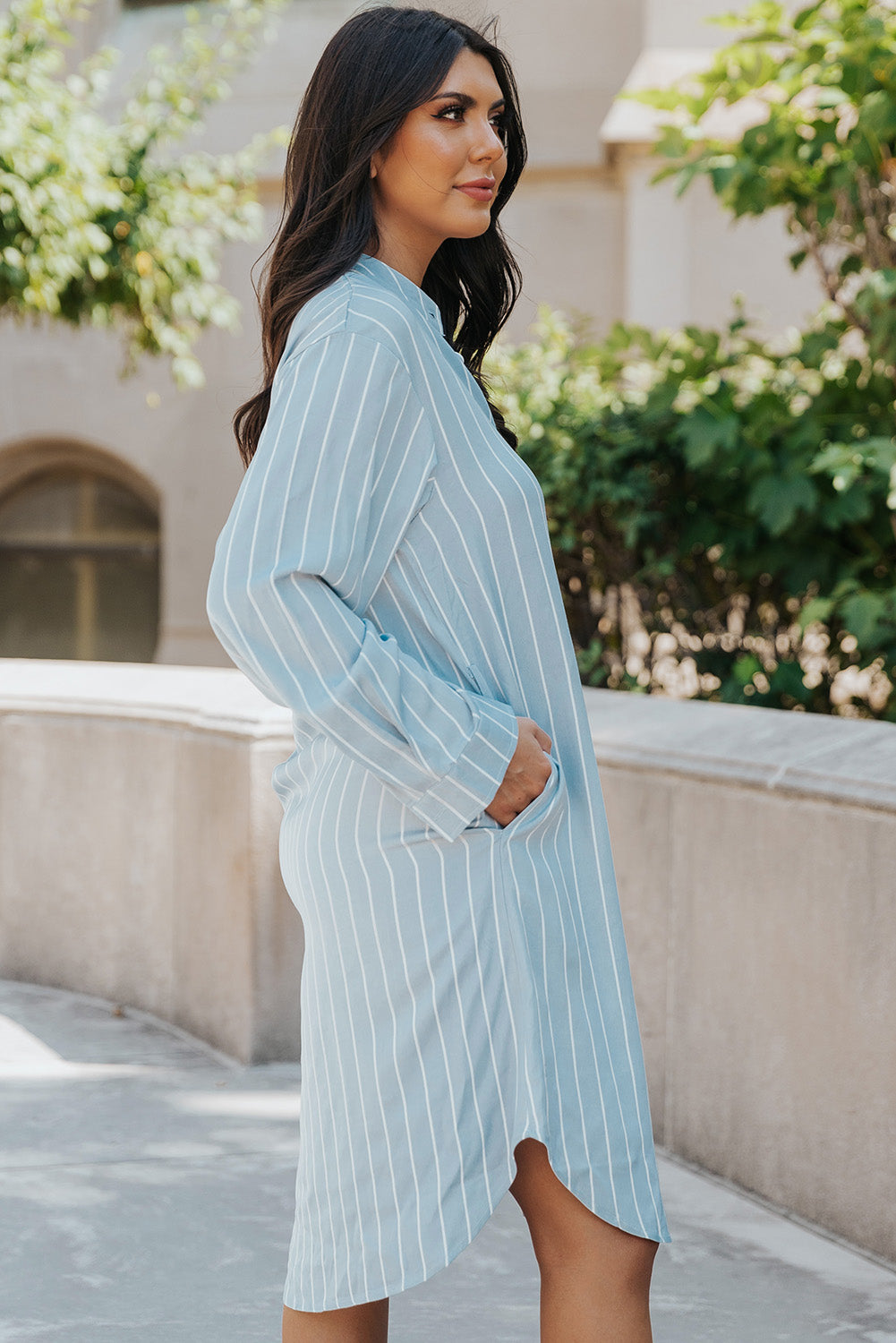 Sky Blue Striped Shirt Midi Dress with Sash T Shirt Dresses JT's Designer Fashion