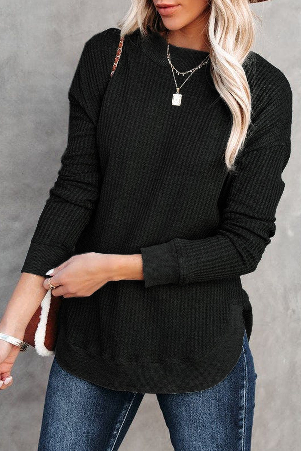 Black Crew Neck Ribbed Trim Waffle Knit Top Black 62.7%Polyester+37.3%Cotton Long Sleeve Tops JT's Designer Fashion