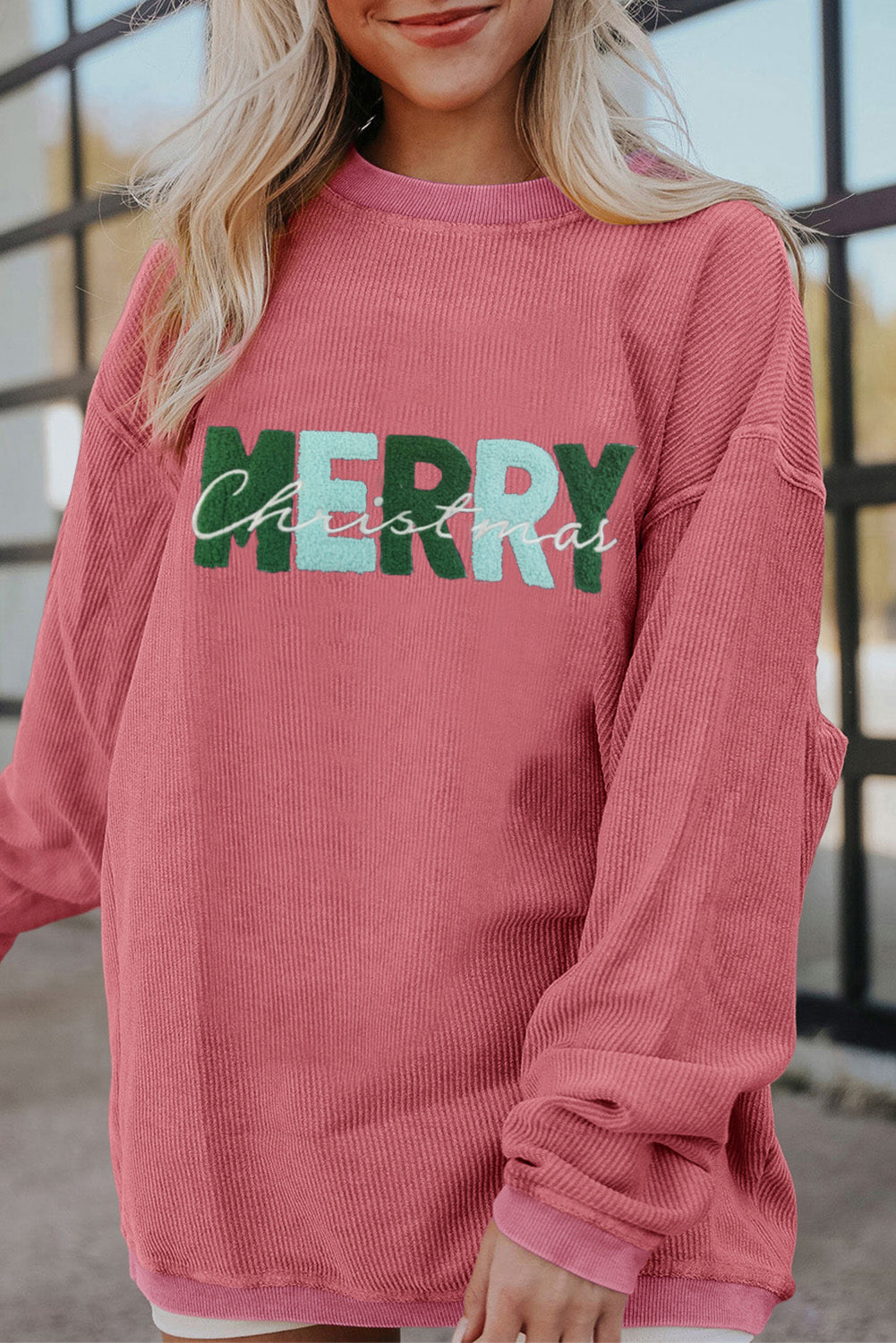 Strawberry Pink MERRY Christmas Corded Pullover Sweatshirt Graphic Sweatshirts JT's Designer Fashion