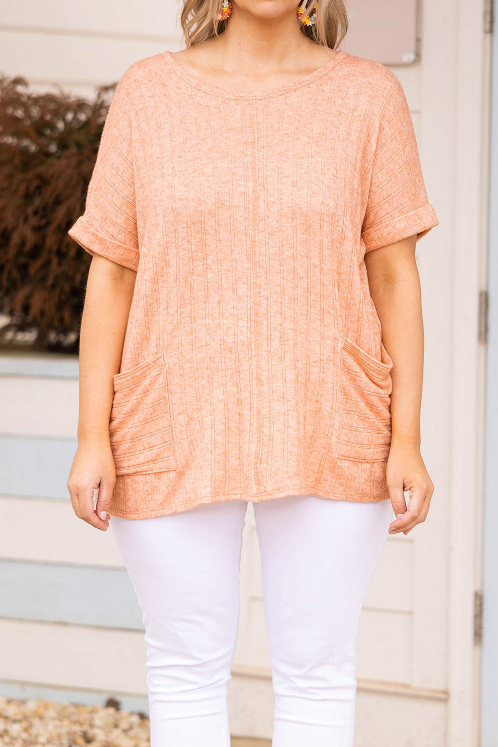 Orange Plus Size Cuffed Short Sleeve Knit Top with Pockets Plus Size JT's Designer Fashion