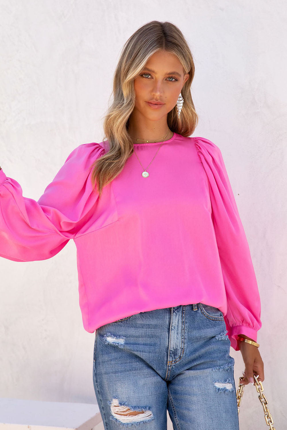 Barbie Style Pink Satin Puff Long Sleeve Crewneck Blouse Tops & Tees JT's Designer Fashion