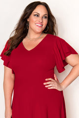 Red Plus Size Short Flutter Sleeve Midi Dress Plus Size Dresses JT's Designer Fashion