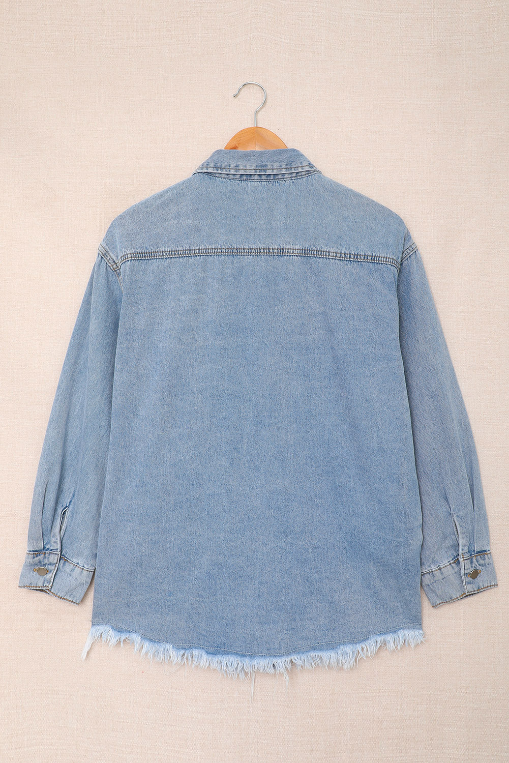 Mist Blue Plus Button Flap Pocket Raw Hem Denim Jacket Plus Size JT's Designer Fashion